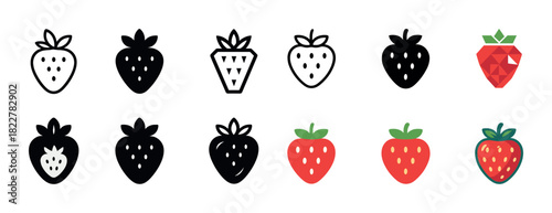 Strawberry icon collection: black, white, red, geometric styles