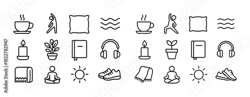 Set of minimalist line icons featuring relaxation and wellness symbols