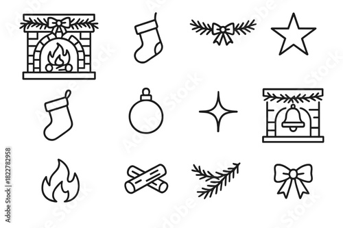 Festive Fireplace Icons. Fireplace with Stockings. Line outline icon set of Fireplace with Stockings: