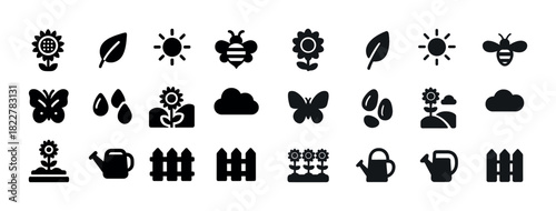 Gardening icons: sunflower, leaf, sun, bee, watering can, fence