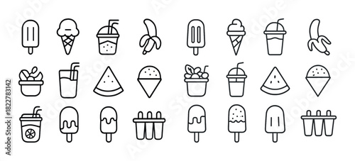 Line art ice cream and fruit icons collection