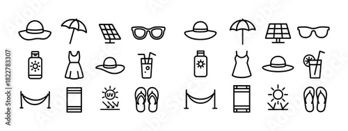Summer icons set: hat, umbrella, solar panel, sunglasses, dress, flip-flops, juice