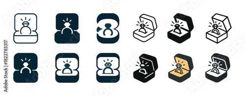 Various engagement ring icons in boxes showcasing different designs