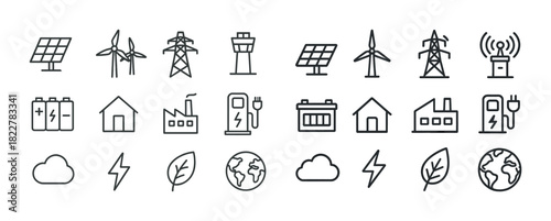 Renewable energy icons: solar panels, wind turbines, power plants, and sustainability symbols