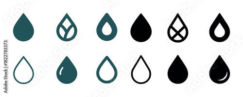 Twelve teardrop icons in varied designs and colors