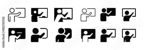 Set of teaching icons: simplified silhouettes representing educators and presentations