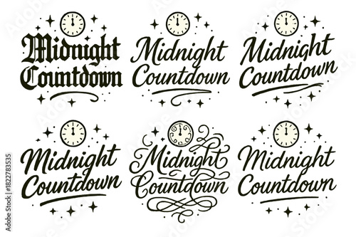 Midnight Calligraphy Styles. Midnight Countdown. Create a calligraphy lettering illustration of the phrase: