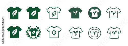 Green eco-friendly t-shirt icons with leaf designs