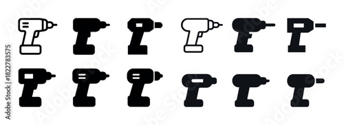 Set of cordless drill silhouettes in various styles and designs