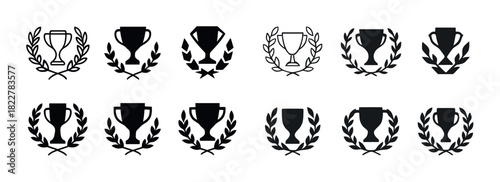 Set of twelve trophy icons with laurel wreaths in black and white