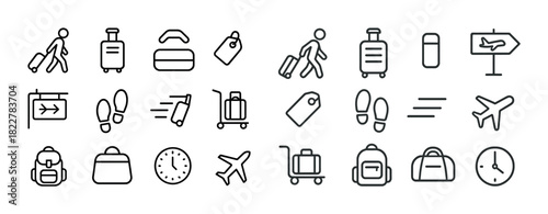 Travel icons: luggage, airplane, boarding pass, clock, compass, tickets, backpack, arrival