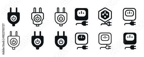 Set of electrical plug and socket icons with power symbols