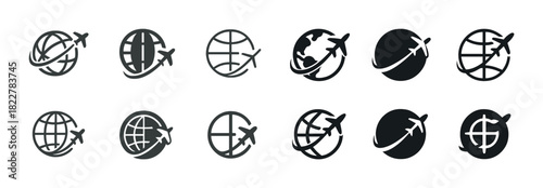 Airplane globe icons set: travel and aviation symbols collection