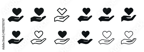 Variety of heart and hand icons in different styles and shades