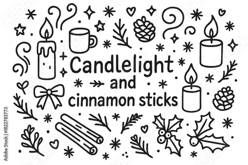Candlelight and Cinnamon Doodles. Candlelight and cinnamon sticks. Hand-drawn doodle illustration of