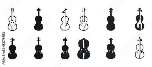 Icon set of string instruments: violins and cellos in black and white silhouette