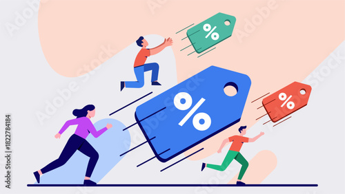 Shoppers Chasing a Giant Discount Tag – Modern Flat Design Illustration