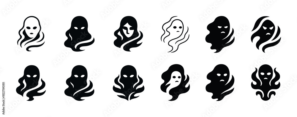 Naklejka premium Abstract black ghostly faces with expressionless eyes in various styles
