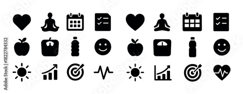 Health and wellness icons: heart, meditation, calendar, checklist, apple, bottle, smiley, scale, sun, growth, target, pulse
