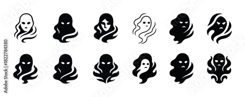 Abstract black ghostly faces with expressionless eyes in various styles