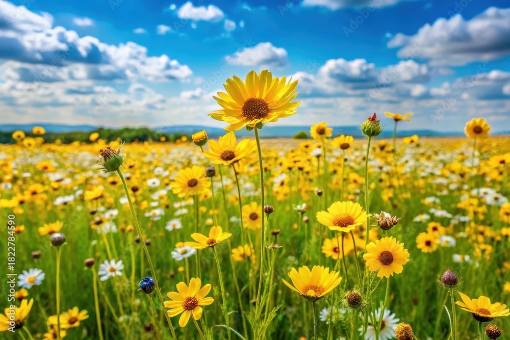 Fototapeta premium Vibrant Yellow and White Wildflowers Blooming in a Lush Meadow Under a Summer Sky