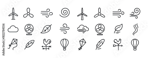 Wind energy icons set featuring fan leaves and air symbols