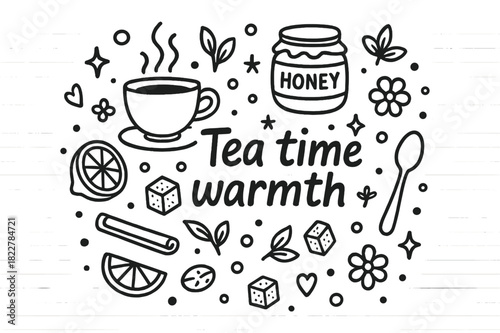 Tea Time Doodle. Tea time warmth. Hand-drawn doodle illustration of Tea time warmth. teacup, lemon slice,