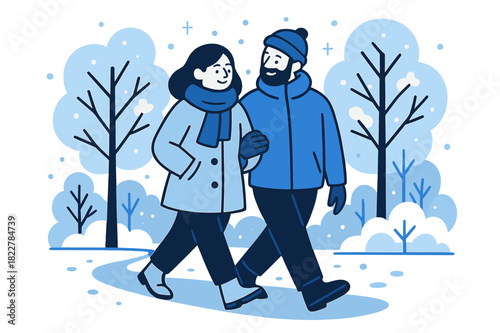 Snowy Park Stroll. Couple Walking Through a Snowy Park. Two figures stroll side by side along a snow-covered