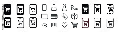 E-commerce icons: shopping carts, mobile devices, clothing, payment, and delivery symbols