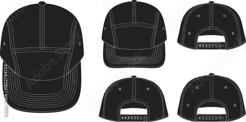 5-Panel Camper Cap Vector Mockup Set in Black, Multiple Views Including Front, Side, and Back, Flat Technical Fashion Illustration for Apparel Design and Branding Presentation