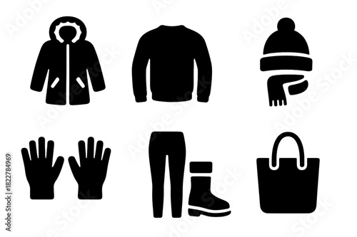 Winter Wardrobe Icons. Winter layers. Filled icon set of winter layers: parka jacket, sweater, scarf, beanie,
