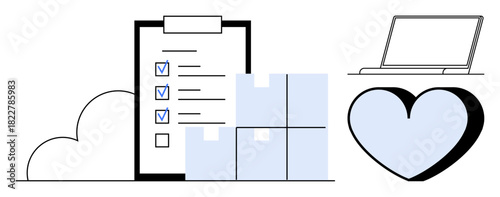 Checklist with ticks, stacked boxes, laptop, and heart highlight organization, productivity, care, logistics, planning remote work and sustainability themes. Clean simple flat metaphor