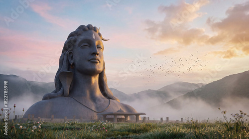 Majestic adiyogi shiva statue in a serene mountain landscape with a vibrant sunset sky and mist