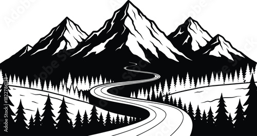 Black and white vector illustration of a scenic mountain landscape with pine forest and a winding road leading to sharp peaks, symbolizing travel, adventure, and nature