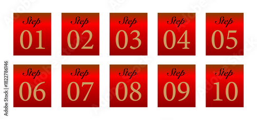 インパクトのある赤色で構成したSTEP番号バッジ10点セット・目立つ進行ナビゲーション