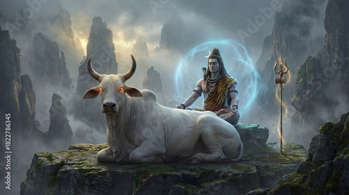 Lord shiva meditating with nandi the sacred bull in a mystical mountain landscape, spiritual hindu deity