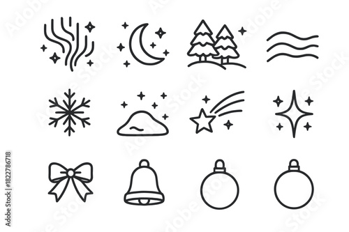 Christmas Aurora Icon Set. Christmas Aurora Borealis. Line outline icon set of Christmas Aurora Borealis:
