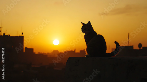 Fototapeta Naklejka Na Ścianę i Meble -  A cat is sitting on a ledge in front of a sunset