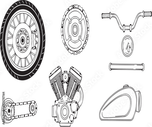 Vintage V-Twin Motorcycle Parts Outline Set Vector Illustration Isolated on White Background