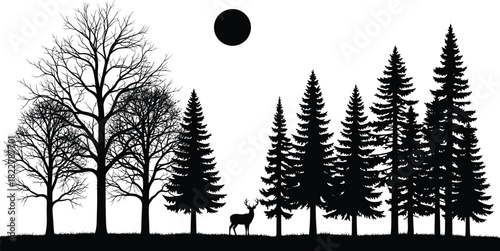 Black forest silhouette vector illustration with deer standing under pine trees and bare deciduous trees with a full moon in the sky isolated on white background