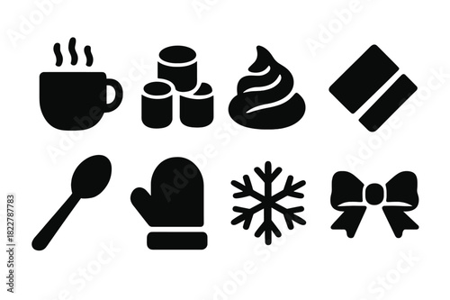 Winter Treat Icons. Winter treat. Filled icon set of winter treat: steaming cup, marshmallows, whipped cream,