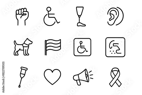 Disability Advocacy Icons. Disability advocacy set. Line outline icon set of disability advocacy set: raised