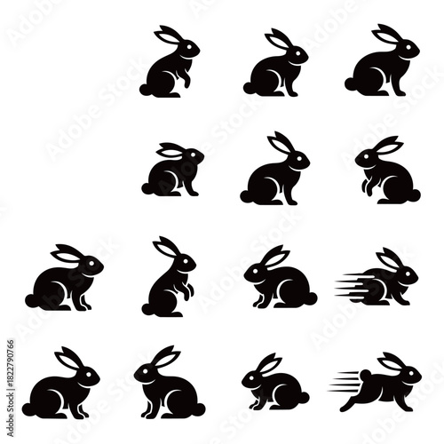 Cute Rabbit Silhouette Icon Set Showcasing Different Poses and Running Movements