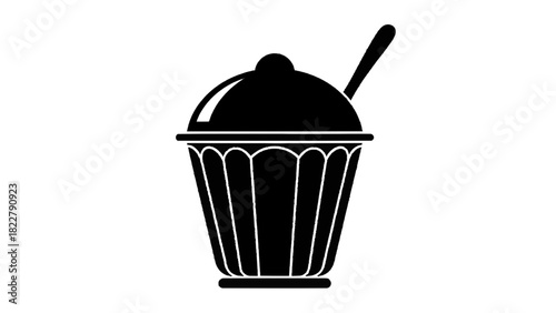 Vector illustration of black silhouette icon of a dessert in a fluted cup with a small spoon, isolated on transparent background