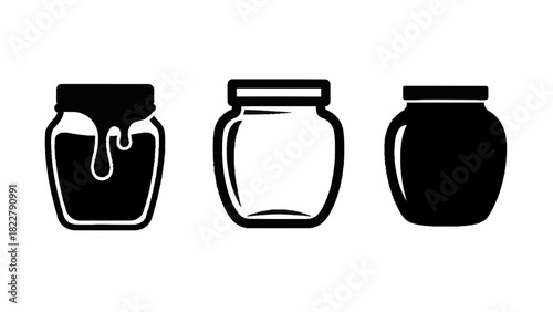 Vector illustration of set of three black and white honey jar icons showing different states of filling and outline, isolated on transparent background