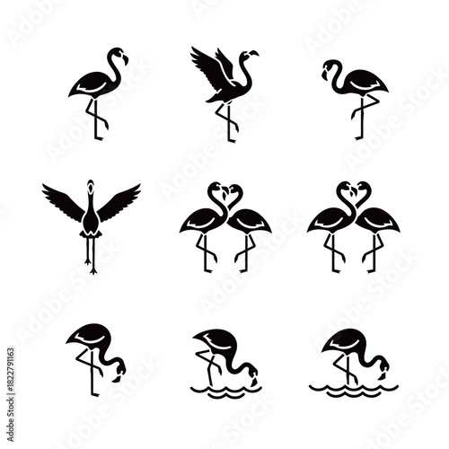 Flamingo Icons Set Showing Different Poses, Flying, and Romantic Love Symbol