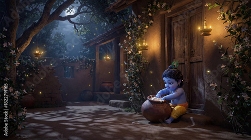 Baby krishnas mischievous butter theft in a moonlit indian village courtyard, a divine childhood scene