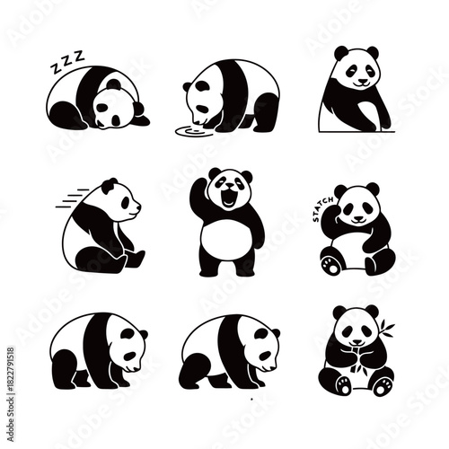 Cute Panda Icons Showing Different Poses Including Sleeping and Eating