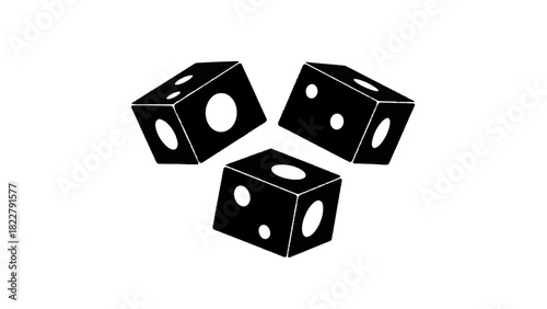 Vector illustration of three black dice showing different numbers arranged in a triangular pattern, isolated on transparent background