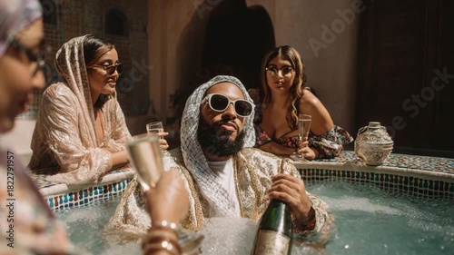 Rapper man in jacuzzi with women drinking champagne